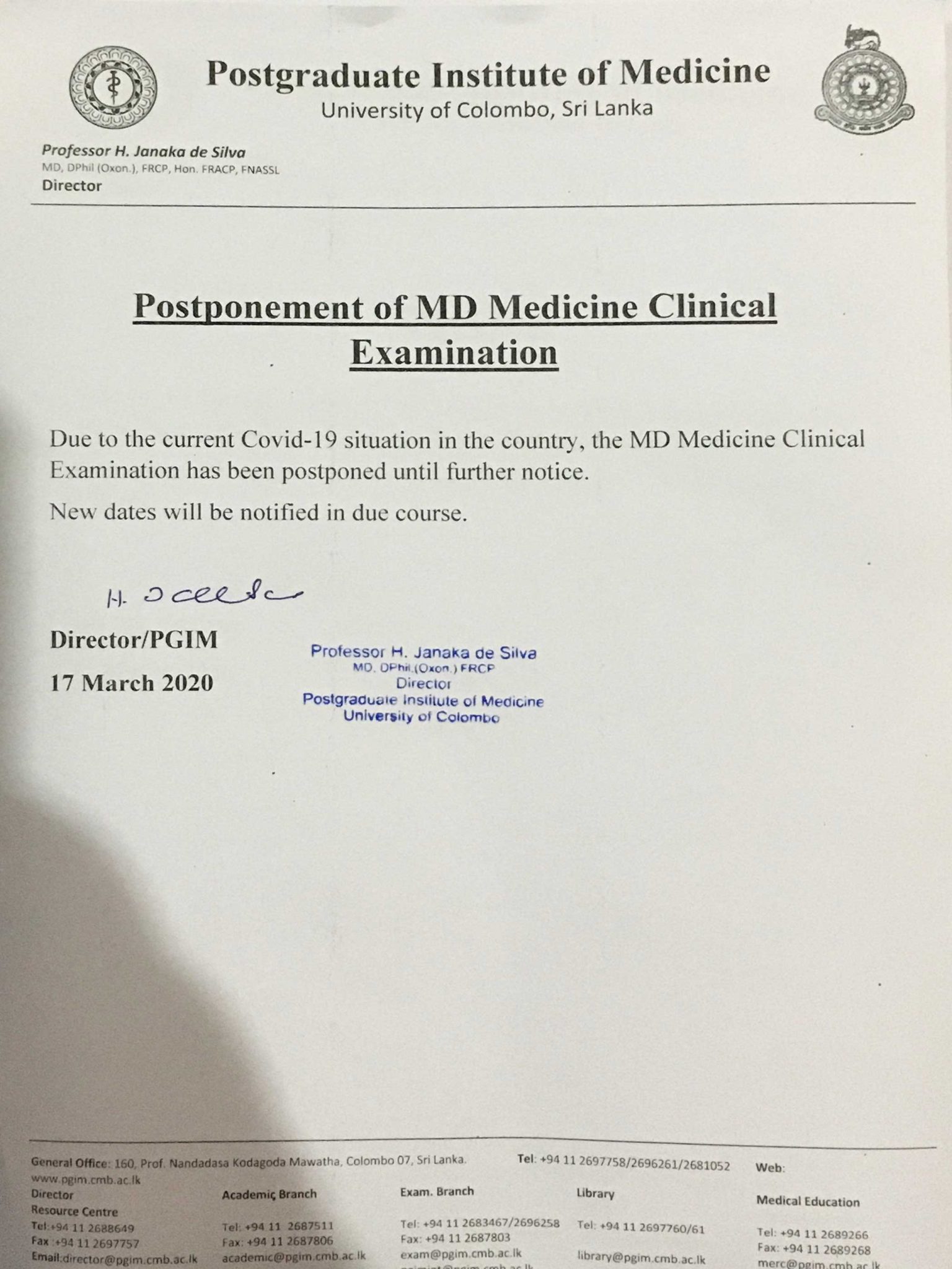 Postponement of MD Medicine Clinical Examination PGIM