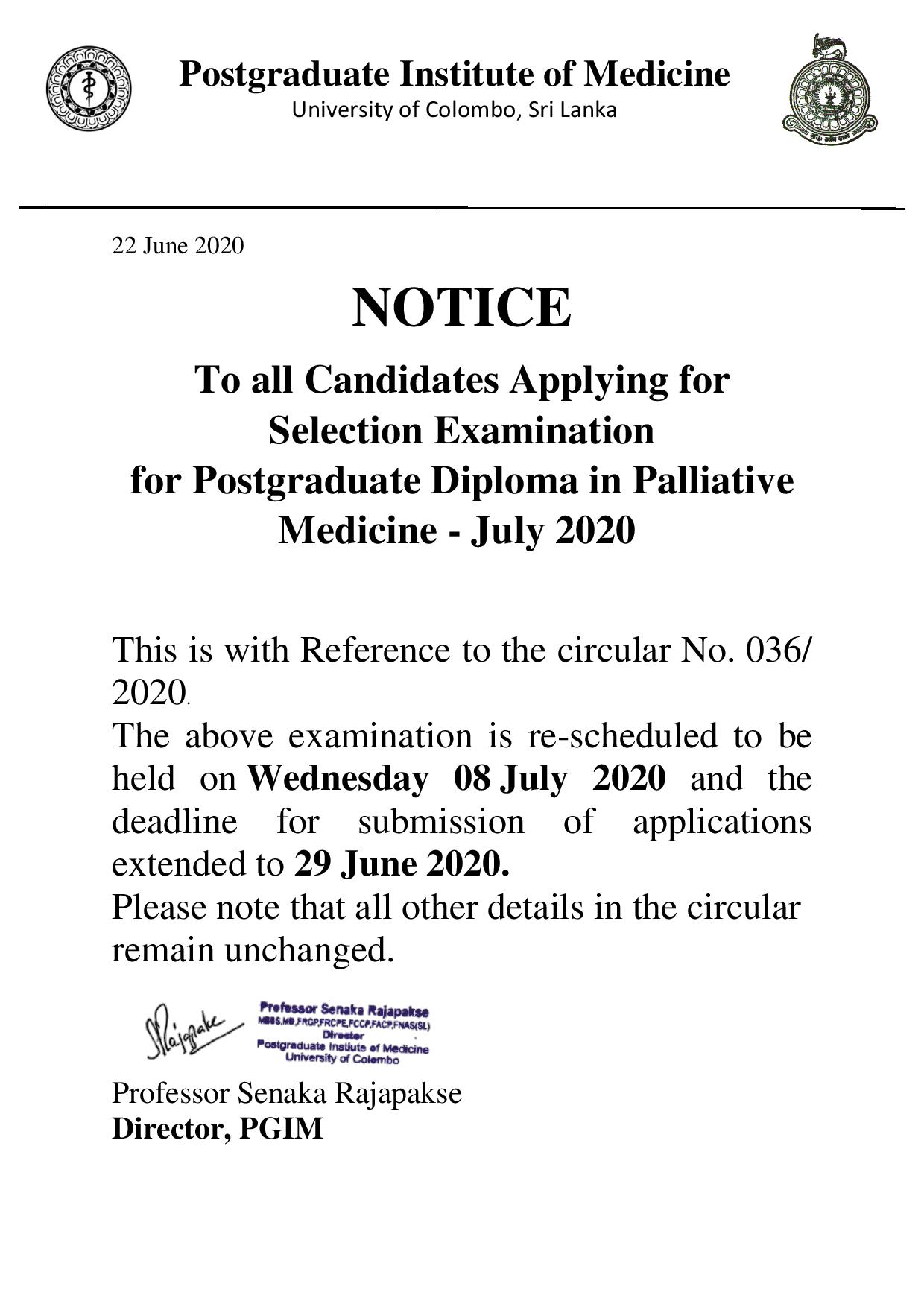 Sele. Exam for Pg Dip. in Palliative MedicineJuly 2020 PGIM